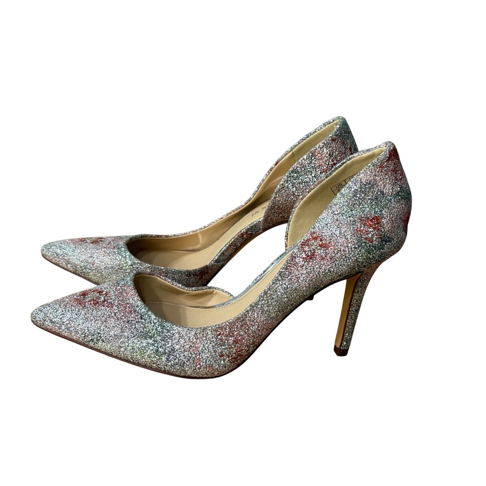 Jenn Ardor Womens Silver Floral Glitter d'Orsay Pointed Toe Stiletto Heels 5.5